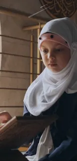 Young girl in hijab reading a book, serene and reflective.