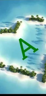 Island shaped like letter A in calm blue waters.