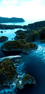 Aerial view of tropical islands with blue waters and lush greenery.