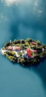 Aerial view of a tranquil island surrounded by blue waters.