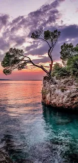 Serene island at sunset with vibrant skies and calm waters.