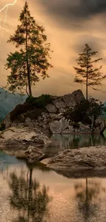 Serene sunset over a rocky island with trees and calm waters reflecting the sky.