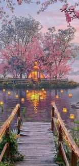 Serene island with pink blossoms and cozy cabin at sunset.