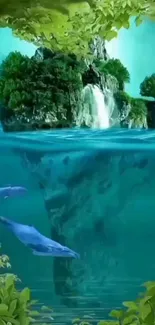 Fantasy island with waterfall and dolphins in teal waters.