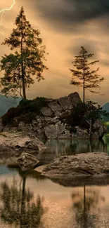 Island with trees and lightning in a serene lake landscape scene.