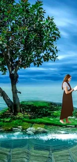 Tranquil island scene with tree and woman holding a book under a blue sky.