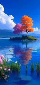 Vibrant island with colorful trees on a tranquil blue lake, reflecting serene nature.