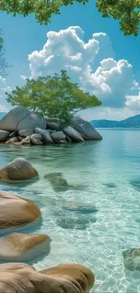 Serene island scene with clear waters and sky.