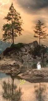 Rabbit sitting on a rock on a peaceful island with trees and a glowing sky.