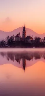 Picturesque island with church at sunset, reflecting on a tranquil lake.