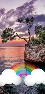 Peaceful island sunset with rainbow and clouds.