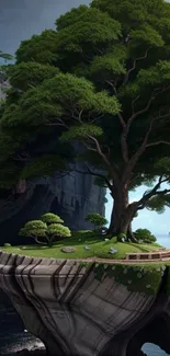 Serene island landscape with a large tree and cliffside.