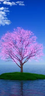 Serene island with a pink tree under a clear blue sky, perfect for a calming mobile wallpaper.