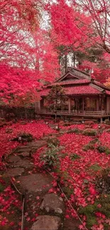 Japanese house with red leaves in autumn.