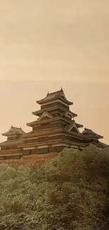 Japanese castle surrounded by lush greenery under a light brown sky.