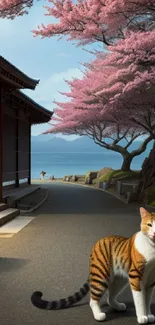 Japanese garden wallpaper with cat, blossoms, and traditional house.