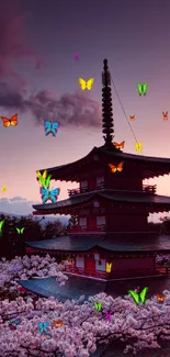 Japanese pagoda surrounded by cherry blossoms at sunset.