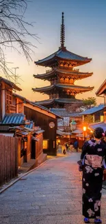 Evening view of traditional Japanese street and pagoda.