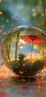 Serene Japanese garden in a glass globe.