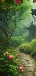 Peaceful Japanese garden path with lush greenery and flowers.