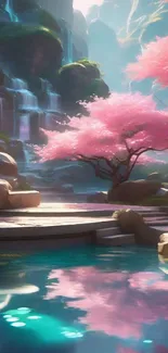 Serene Japanese garden with pink blossom trees and a tranquil pond.