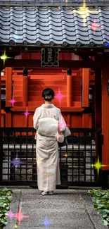 Serene traditional Japanese garden with vibrant red gate and colorful sparkles.