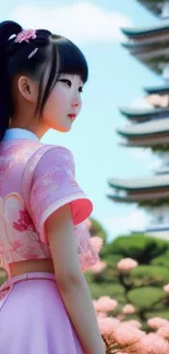 A girl in pink kimono overlooking a Japanese garden with a pagoda.