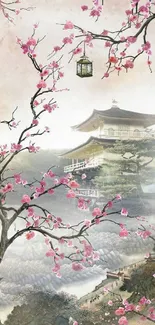 Serene Japanese landscape wallpaper with cherry blossoms and traditional architecture.