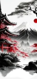 Japanese landscape with pagoda and Mount Fuji in grayscale and red accents.