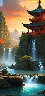 Serene Japanese landscape with pagoda and waterfall in vivid colors.