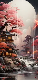 Japanese landscape with cherry blossoms and architecture.