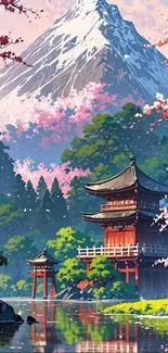 Japanese landscape art with cherry blossoms and mountains, serene and tranquil.