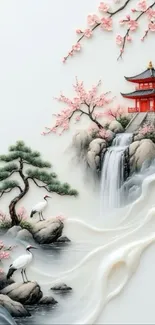 Japanese landscape with pagoda, cherry blossoms, and waterfall.