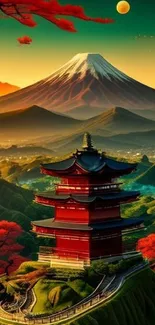 Japanese pagoda with Mount Fuji at sunset and autumn foliage.