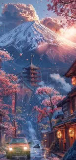 Japanese village with Mount Fuji and cherry blossoms at sunset.