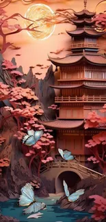 Japanese pagoda in sunset with butterflies and cherry blossoms in vibrant colors.