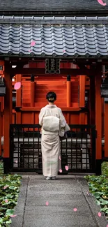 A serene Japanese temple gate with vibrant red colors and a peaceful pathway.