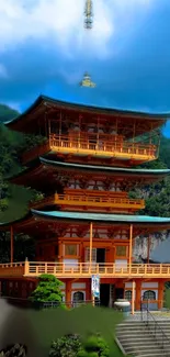 Japanese temple surrounded by greenery with a clear sky backdrop.