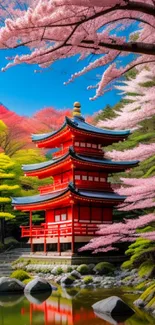 Japanese temple surrounded by cherry blossoms and a serene pond.