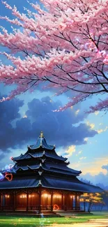 Japanese temple with cherry blossoms and a serene, tranquil sky.