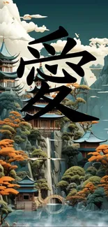 Japanese temple with mountains and vibrant foliage wallpaper.