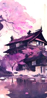 Watercolor art of Japanese house with cherry blossoms and reflective water.