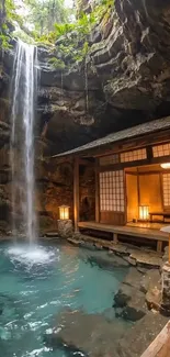 Japanese retreat with waterfall and pool.