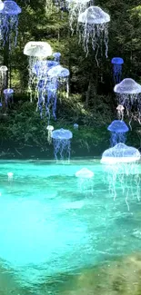 Ethereal jellyfish float in a turquoise forest pond.