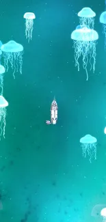 Turquoise sea with glowing jellyfish and solitary boat.