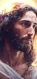 Artistic portrait of Jesus with a glowing halo, serene and spiritual.