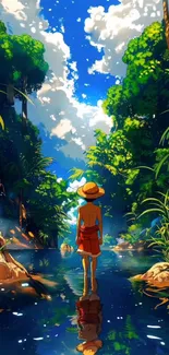 Animated jungle scene with character in river.