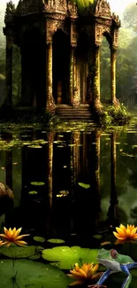 Peaceful jungle temple with lotus pond reflection.