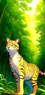 Tiger in a lush green jungle setting with vibrant foliage.