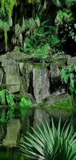 Jungle waterfall with green foliage and a calm pond.